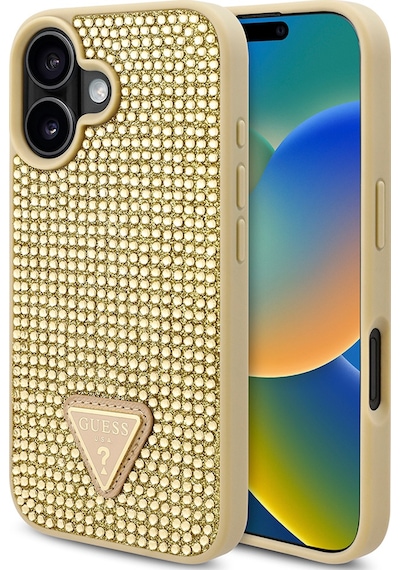 Apple Uyumlu iPhone 16 Plus Kılıf Guess Lisanslı Üçgen Logolu Taşlı Kapak Gold