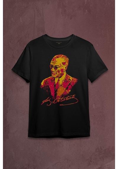 Karizma Gözlüklü Atatürk Sarı Kırmızı Galatasaray Baskılı Tişört Unisex T-shirt 001