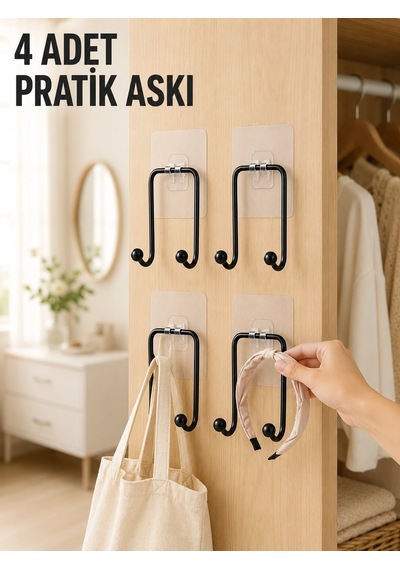 4 Adet Yapışkanlı Duvar Askısı Çok Amaçlı Pratik Askılık Seti Renkli