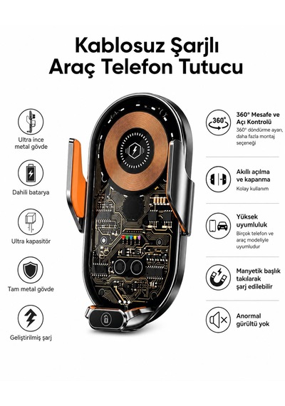 Kablosuz Araç İçi Şarj Cihazı Telefon Tutucu 3 Farklı Başlıklı Otomotaik Ayarlama Siyah