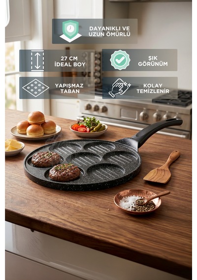 27 Cm Yanmaz Yapışmaz Döküm Hamburger Tavası Siyah
