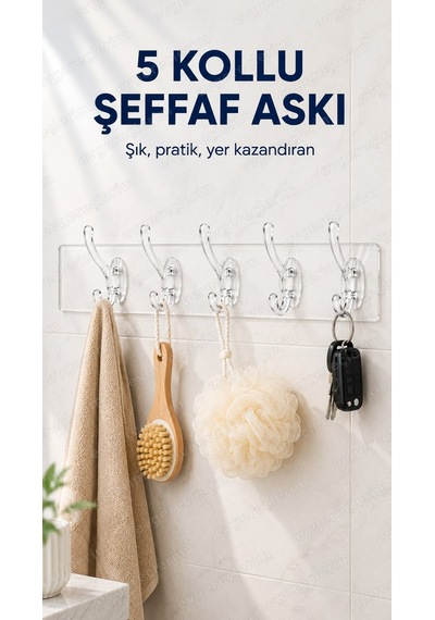 5'li Güçlü Yapışkanlı Şeffaf Duvar Askısı Banyo Mutfak Düzenleyici