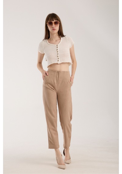 Gugus Kadın Beli Pensli Süet Pantolon Havuç/şalvar Model Bej