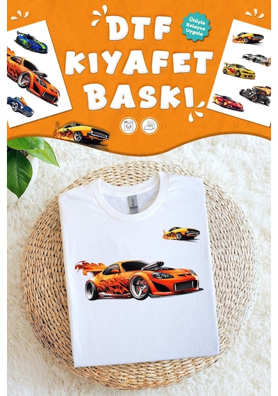Kumaşa Baskı Yapılabilen Özel Tasarım Ütü Ile Yapışan Tekstil Dtf Baskı Görseli Arabalar Temalı Çok Renkli