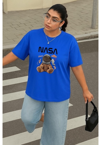Büyük Beden Nasa Ayıcık Baskılı Unisex Tişört Saks Mavisi