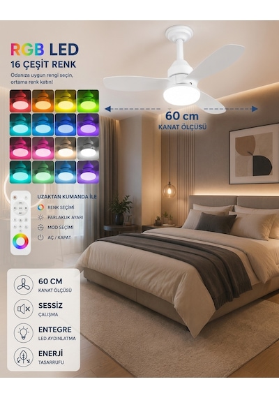 German New White Super Fan 60 Cm Kalın Kanat Dim Ayarlı Tavan Vantilatörü Rgb Led 16 Renk Sessiz Sinek Kovar