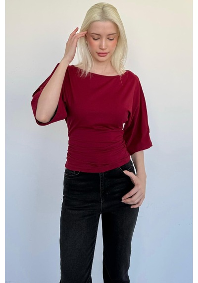 Madmext Bordo Belden Büzgülü Yarasa Kollu Açık Omuz Bluz Mg2672 bordo