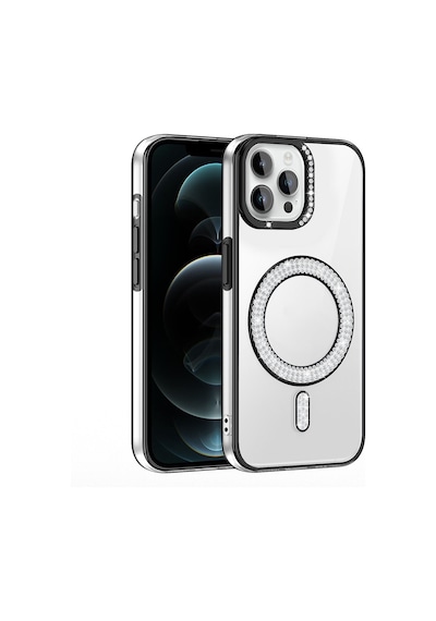 Apple Uyumlu iPhone 12 Pro Kılıf Pırlanta Taş Tasarımlı M-safe Şarj Özellikli Zore Karetta Silikon Kapak Mor