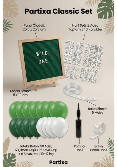 Safari Jungle Doğum Günü Süsleme Classic Set Keçe Yazı Panosu Standlı Pompa Balon Zincirli Çocuk
