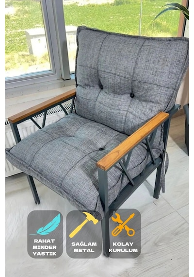 Ard & Garden Miray Düğmeli Gri Tekli Koltuk Fermuarlı Keten Kumaş, Modern Konforlu Bahçe Balkon Mobilyası Gri