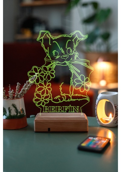 Kişiye Özel 3D Tatlı Köpek Ve Çiçekler Masaüstü Led Lamba