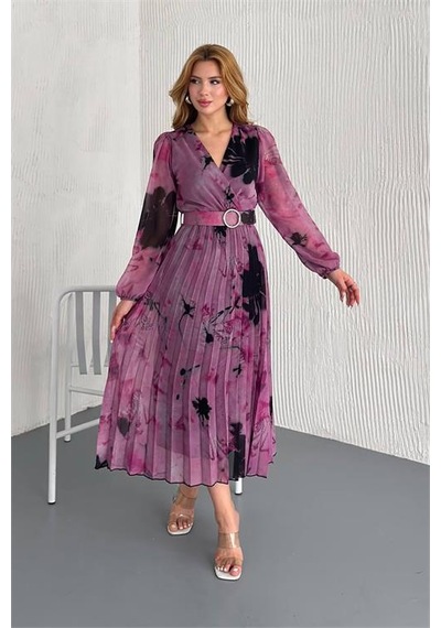 Neşeli Butik Kadın Kemerli Kruvaze Yaka Desenli Şifon Elbise Nbk20302 Pembe