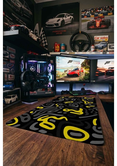 Sarı Gri Siyah Doodle Desen 40x90 Cm Oyuncu Mousepad Kaymaz Taban Büyük Boy Mousepad