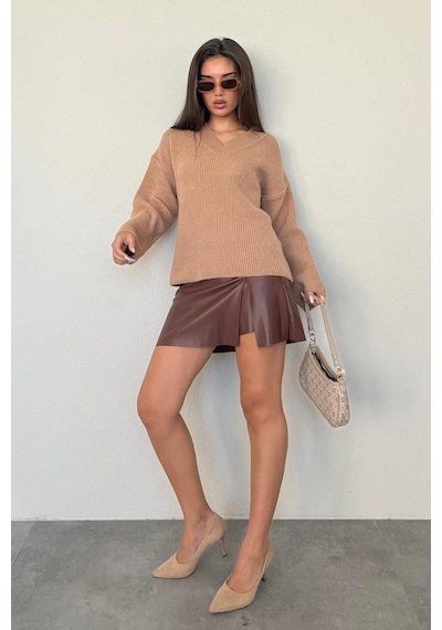 Madmext Camel V Yaka Triko Kadın Kazak Mg2501 CAMEL