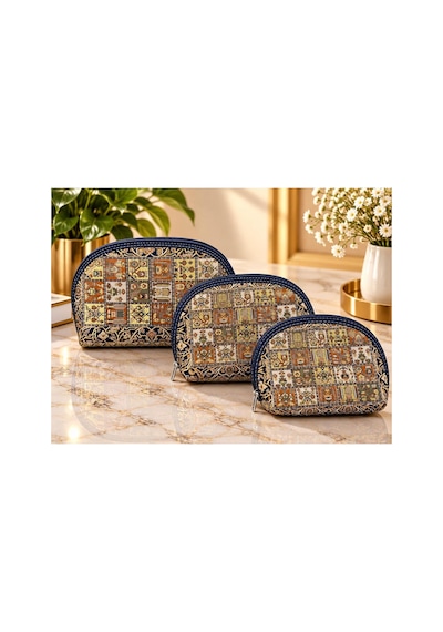 Badufa Home Desenli Fermuarlı Çok Amaçlı 3 Boy Mini Çanta -simli Lacivert-sarı Lacivert-sarı