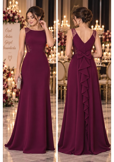 Gül&can Butik Mürdüm Rengi Fiyonklu Abiye Elbise Bordo