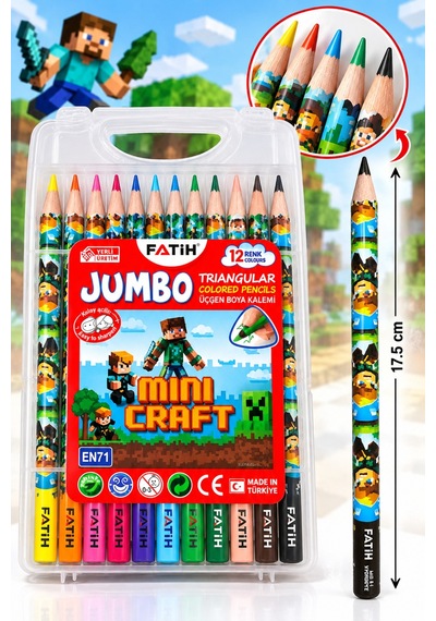 Mini Craft Jumbo Üçgen Kuru Boya Kalemi 12 Renk Sert Plastik Kutulu Çok Renkli