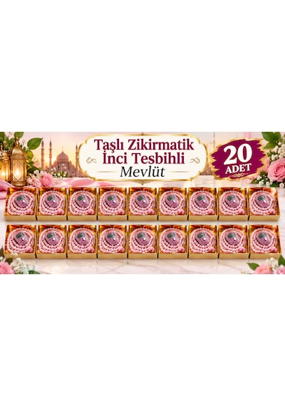 20 Adet Hediyelik Çeyizlik Kutulu Tesbih Ve Taşlı Zikirmatik Seti Mevlüt Hac Umre Çeyiz Hediyeliği Pembe