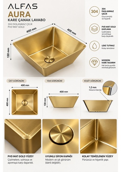 Alfas Aura Kare 40x40 Cm Pvd Mat Gold Tezgah Üstü Çanak Lavabo 304 Paslanmaz Çelik