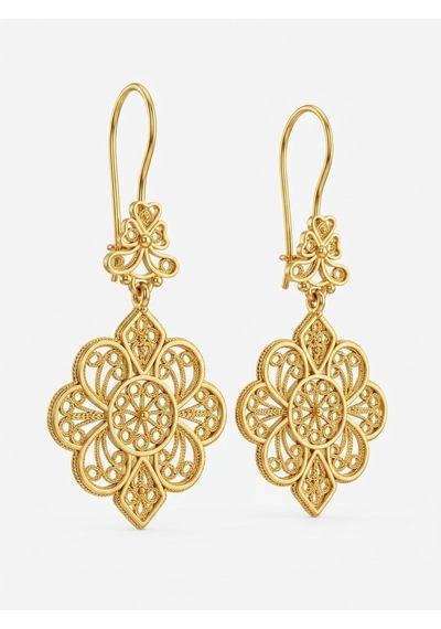 925 Ayar Gümüş Geleneksel Telkari Gold Dantel İşlemeli Sallantılı Kanca Küpe