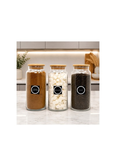 3'lü Ahşap Vakum Kapaklı Cam Çay Şeker Türk Kahvesi Saklama Kavanozu 1400 Ml Etiket Hediyeli Çok Renkli