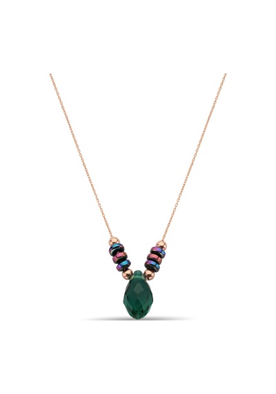 Renkli Hematit Taşlı Gümüş Koyu Yeşil Kristal Kolye - 23168904 Rose Gold