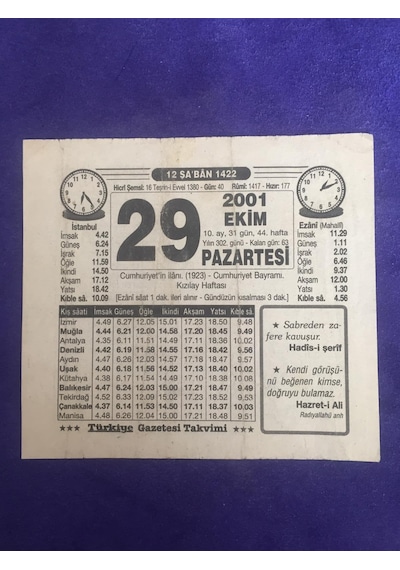 29 Ekim 2001 Takvim Yaprağı - Nostalji Koleksiyonluk Takvim Yaprağı B