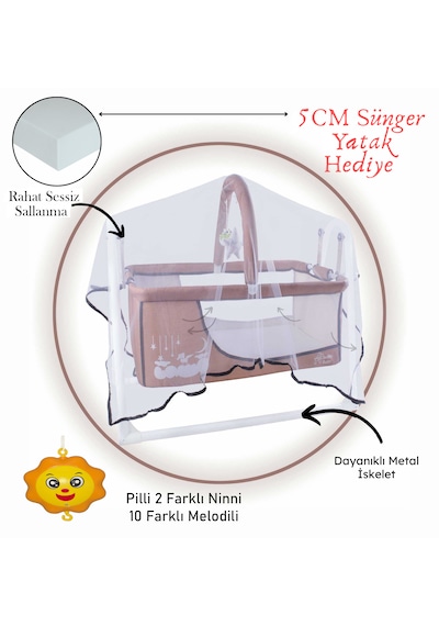 Chubby Baby Müzikli Melodi Kutulu Candy Sepet Beşik Sallanır, 2 Peluş Oyuncaklı Beşik Bej