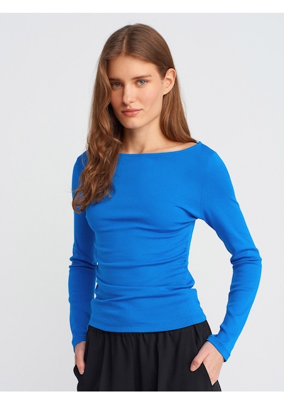 Dilvin 31401 Büzgülü Kayık Yaka Top-saks Saks