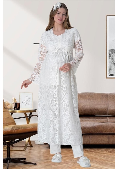 Mecit Pijama Mecit 6060 Bayan Ekru Sabahlık Gecelik Pijama Hamile Lohusa Set 001