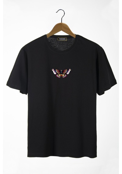 Kadın Siyah Bisiklet Yaka Önü Kelebek Baskılı Oversize T-shirt Siyah