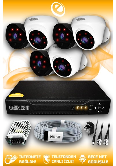 Elitcam 6 Kameralı Uzay 3 İç Kamera Set HDD'siz Full HD Gece Görüşlü Güvenlik Kamerası Sistemi