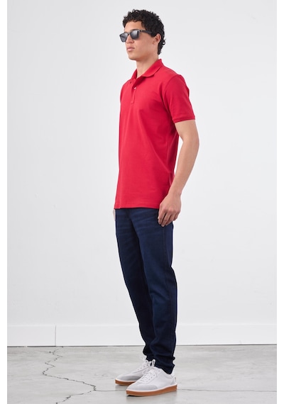 Dufy Kırmızı Polo Yaka Pamuklu Düz Renk Slim Fit Erkek T-shirt Kırmızı