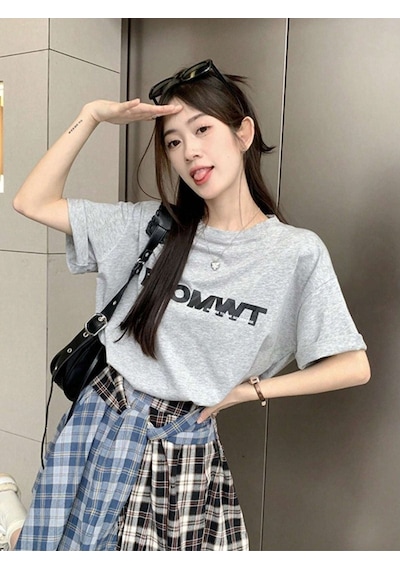 Fromwt T-shirt - Gri Baskılı Oversize Bisiklet Yaka Kısa Kol Gri