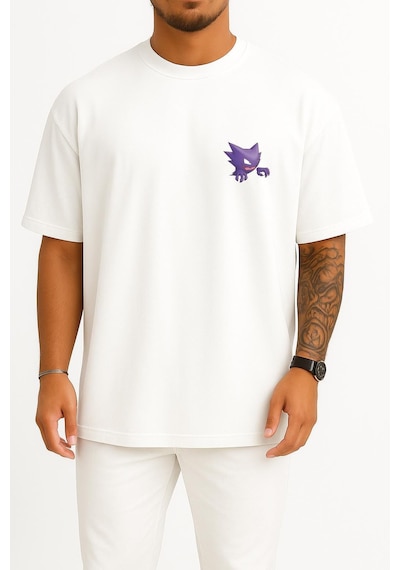 Bahriyeli Collection Oversize Haunter Cep Baskılı Unisex T-shirt Beyaz