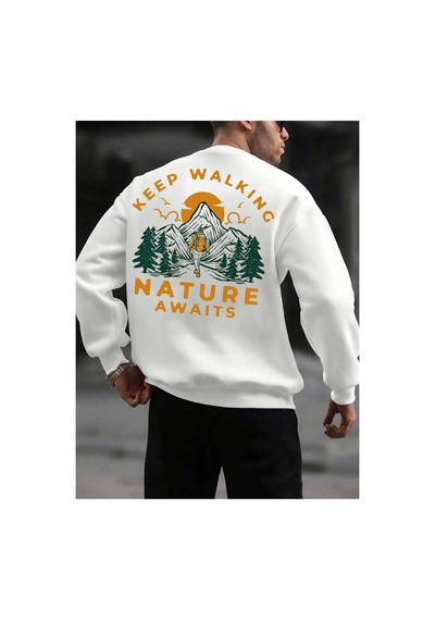 Tarzsokak Mountain & Slogan Graphic Drop Shoulder Sweatshirt Beyaz