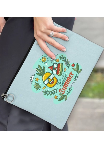 Bk Gift Yaz Temalı Astarlı Açık Mavi Portföy Çanta 30x21cm, Baskılı El Çantası, Organizer Çanta