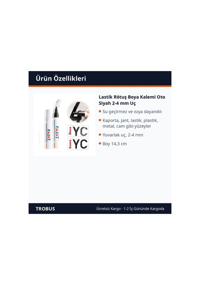 Trobus Lastik Rötuş Boya Kalemi Oto Siyah 2-4 Mm Uç