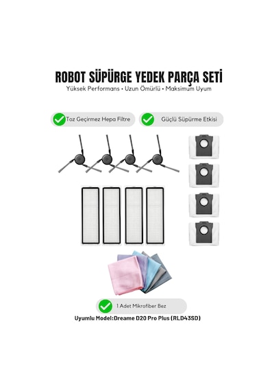 Dreame D20 Pro Plus Rld43sd İle Uyumlu 4 Yan Fırça 4 Filtre 4 Toz Torbası 1 Temizlik Bezi 14.0