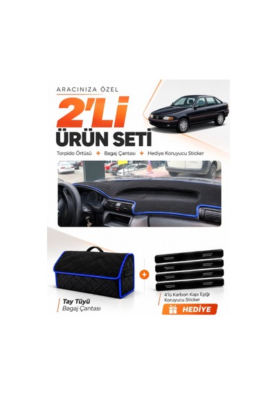 Opel Astra F Aırbagsız 1991-1997 Uyumlu Torpido Örtüsü + Tay Tüyü Bagaj Çantası Seti - Siyah Mavi