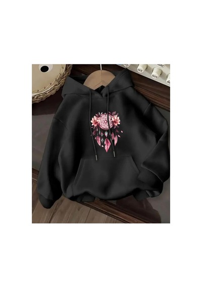 Herkesemoda Çiçek Baskı Detaylı İçi Polarlı Kapüşonlu Sweatshirt Siyah