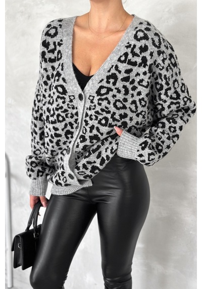 Femelle Kadın Gri Leopar Desen Oversize Triko Hırka