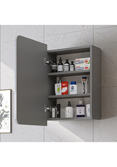 Likya Kulpsuz Tek Kapaklı Aynalı Mdflam 45 Cm Aynalı Banyo Üst Dolabı Kül Gri