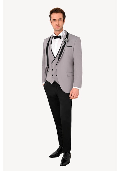 Ysf Erkek Gri Slim Fit Yelekli Şal Yaka Damatlık