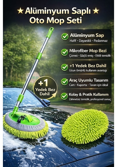 +1 Yedek Bez Alüminyum Saplı Premium Kalite Çok Fonksiyonlu Teleskopik Uzun Saplı Oto Mopu