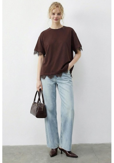 Shade Kadın Dantel Detaylı Bisiklet Yaka Oversize T-shirt 1046 60283955 - Kahverengi