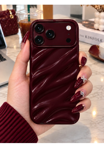 İphone 17 Pro Max / 18 Pro Max Uyumlu Burgundy Dalga Desenli Kılıf Kamera Korumalı Parlak Premium Telefon Kılıfı-kapak