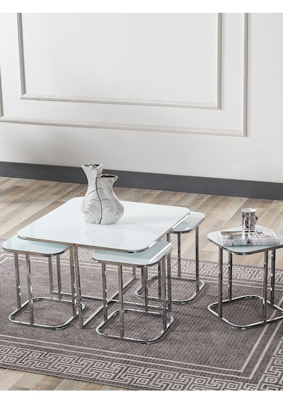 Pelikan 4+1 Beyaz Temperli Cam Gümüş Metal Ayak Takım Sehpa Sedaş Living Units Sehpa