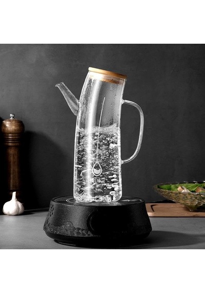 Deconox Bambu Kapklı Borosilikat Cam Yağlık & Sirkelik 1 Litre Isıya Dayanıklı & Sızdırmaz Tasarım Bambu Kapaklı Şeffaf Cam Yağdanlık 1000ml Açık Beyaz
