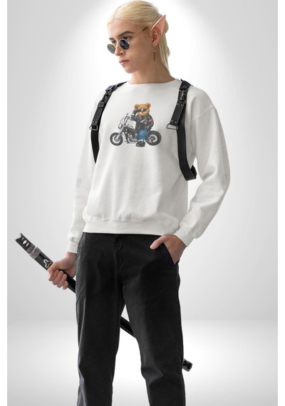 Kask Güneş Gözlüğü Motor Ayı Unisex Beyaz Baskılı Sweatshirt Beyaz